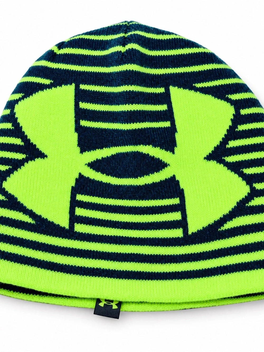 Under Armour Kids Neon Green & Navy Striped Logo Beanie